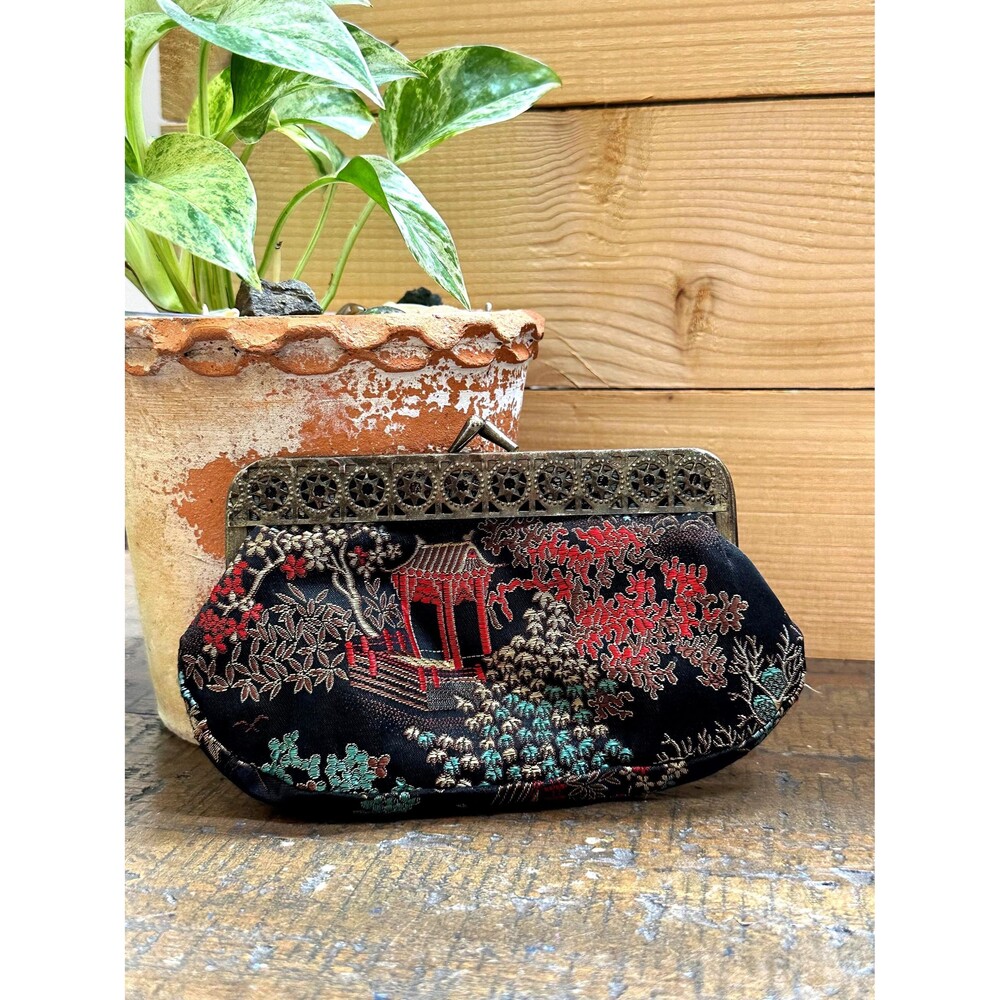 Vintage Hong Kong Brocade Coin Purse Pagoda Floral Brass Frame 6" Asian